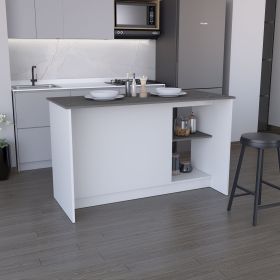 Kitchen Island with Large Countertop, Open Storage Shelves and Double Door Cabinet, White / Onyx