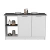 Kitchen Island with Large Countertop, Open Storage Shelves and Double Door Cabinet, White / Onyx